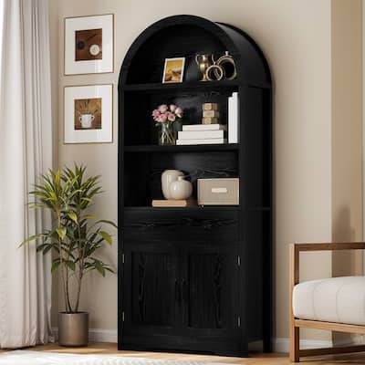 Moasis Modern 5-tier Arched Bookshelf Bookcase with Drawers and Open Doors Storage