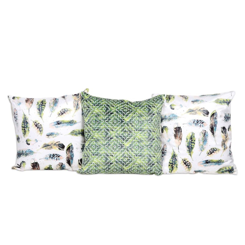 Novica Handmade Feather Glory Printed Cushion Covers (Set Of 3)