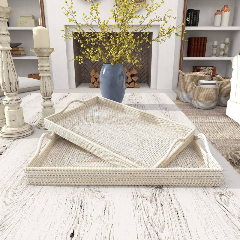 Cream or Brown Rattan Tray (Set of 2) - 26 x 16 x 3