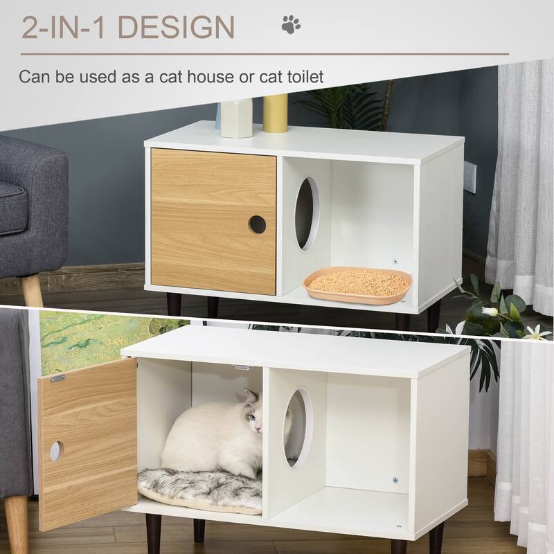 PawHut Wooden Cat House with Soft Cushion, Decorative Kitten Condo Side Table, Elevated Pet House with Storage Space - White