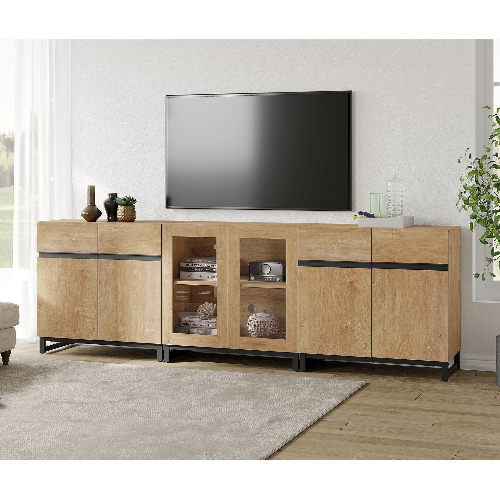Modern TV Stand for Tvs Up to 100 Inch, 3 In 1 TV Console with Glass Doors and 2 Drawers, Entertainment Centerf or Living Room