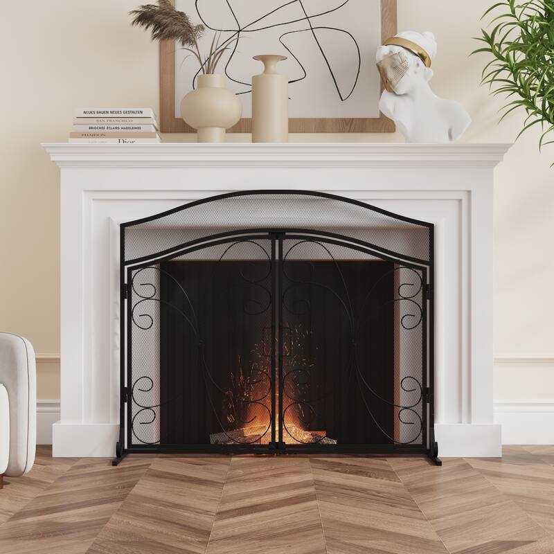 Classic Black Wrought Iron Fireplace Screen with Arched Double Doors, Decorative Mesh Fire Guard for Indoor Home Hearth Safety