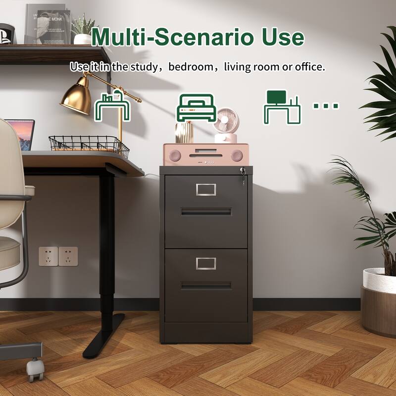 Modern 2-Drawer Narrow Filing Cabinet, Vertical Filing Cabinet with Lock and Anti-Tilt Function, for Home Office, Black