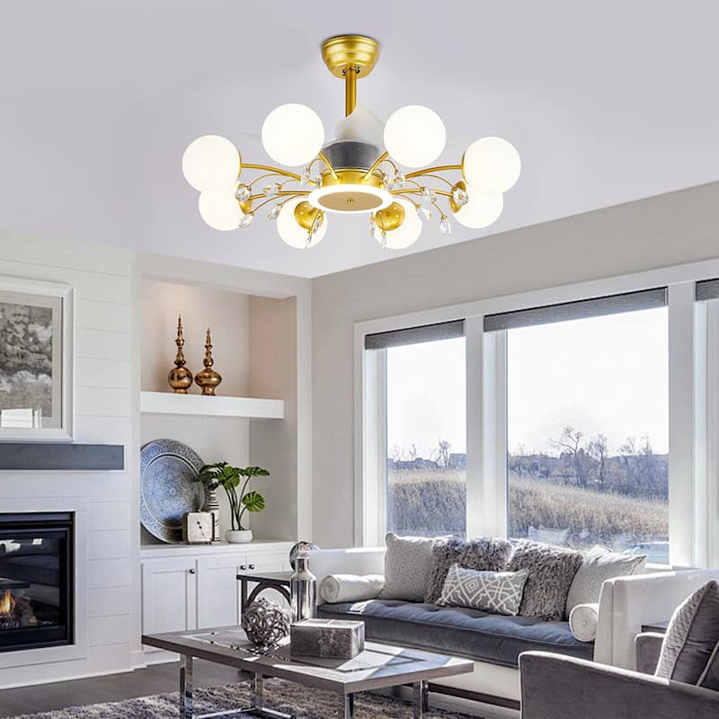 31in. Indoor Gold Modern Ceiling Fan with Light, Reversible Fandelier with Light Bulbs and Remote for Living Room