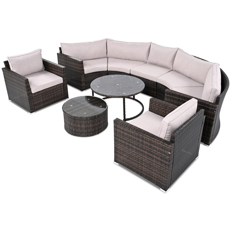 9-Piece Outdoor Half-Moon Patio Sofa Set, Wicker Sectional Sofa with Nesting Coffee Table, Rattan Conversation Set