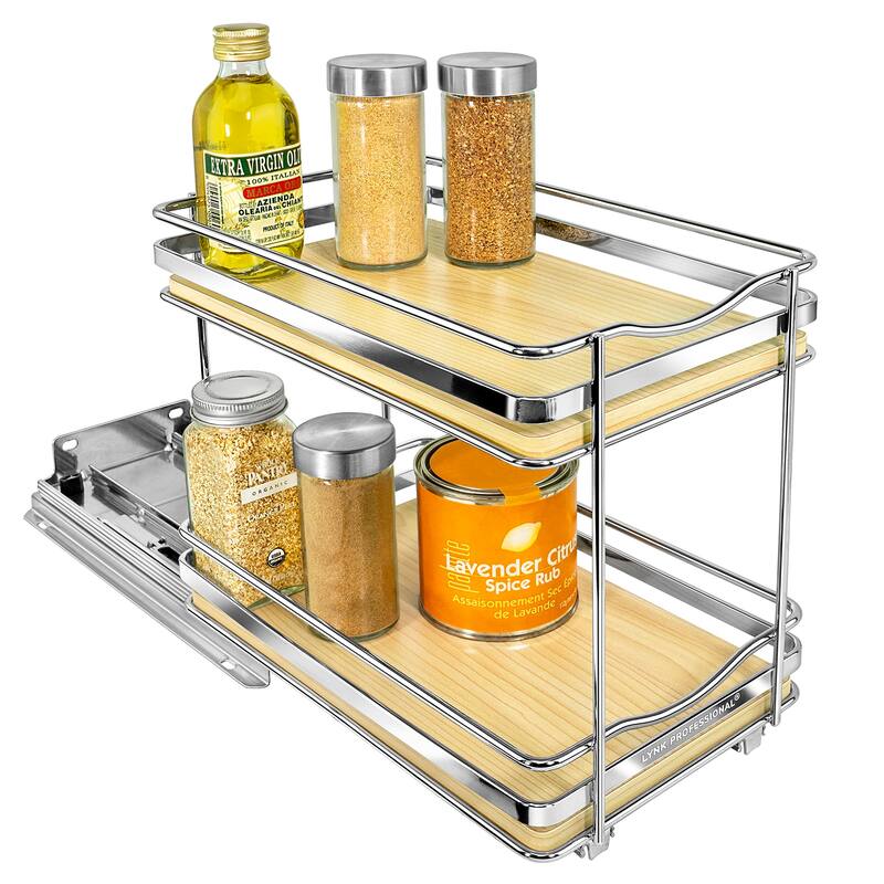 ® Élite™ Pull Out Spice Rack Organizer 6-1/4 inch Wide Slide Out Rack Wood and Chrome Sliding Spice Organizer Shelf - 2 Tier - Silver