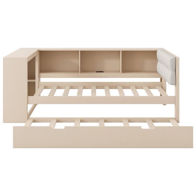 Wood Full/Twin Platform Bed with Storage Shelves, Trundle, Charging Station & Upholstered Headboard