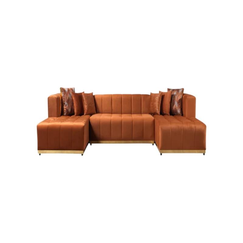 HomeRoots Orange Velvet U Shaped Three Piece Sofa and Chaise Sectional With Toss Pillows