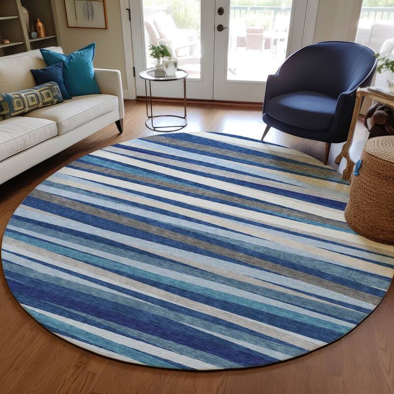 Machine Washable Indoor/ Outdoor Modern Stripes Chantille Rug - Navy - 8' x 8'