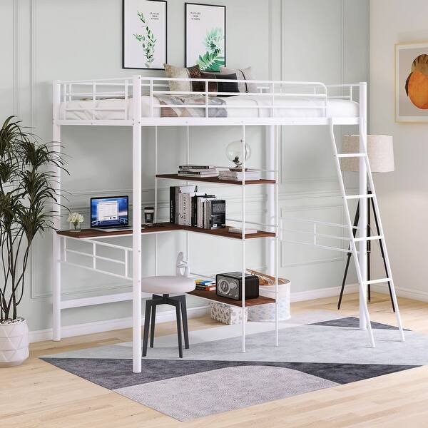 slide 2 of 14, Space-Saving Twin Size Loft Bed with Built-in Desk and Shelves White