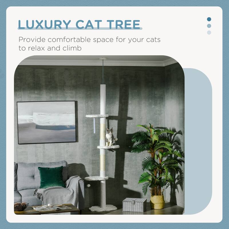 PawHut Floor to Ceiling Cat Tree with Scratching Posts, 88.5"-100.5" Adjustable Height, Cat Climbing Tower with Platforms
