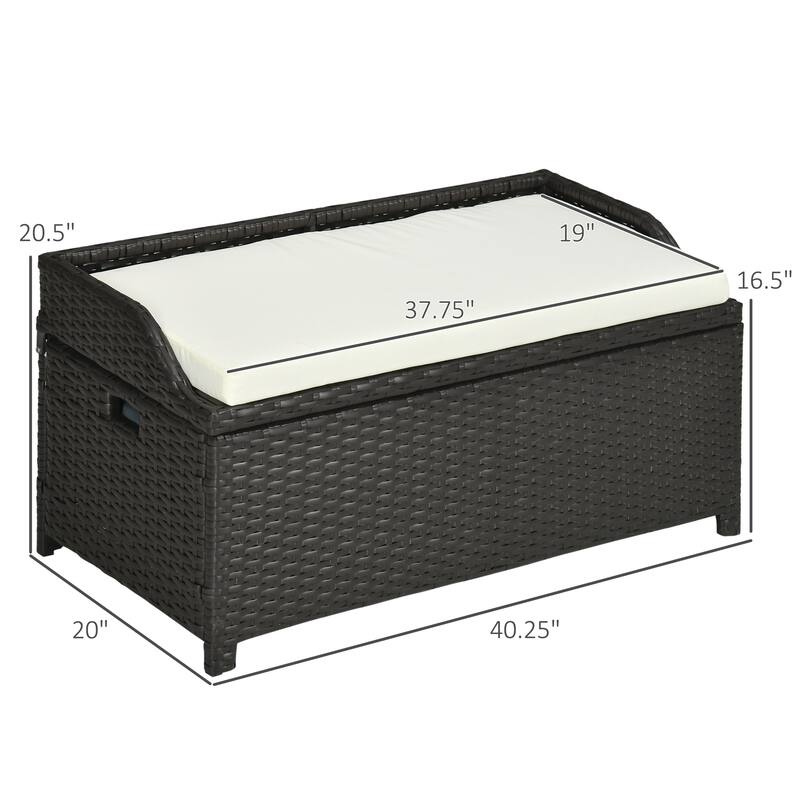Outdoor Wicker Storage Bench Deck Box Pool Container Storage Box with Interior Waterproof Bag 2 Side Handles and Cushion