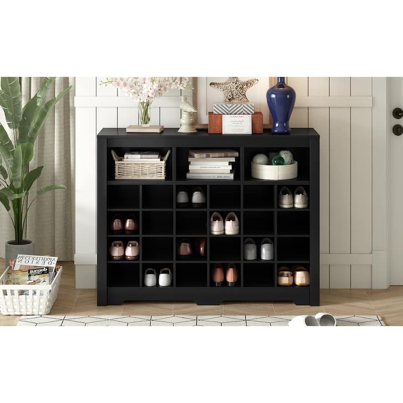 Roomfitters Modern 24-Cubby Shoe Cabinet with Curved Base, Console and Versatile Sideboard for Entryway