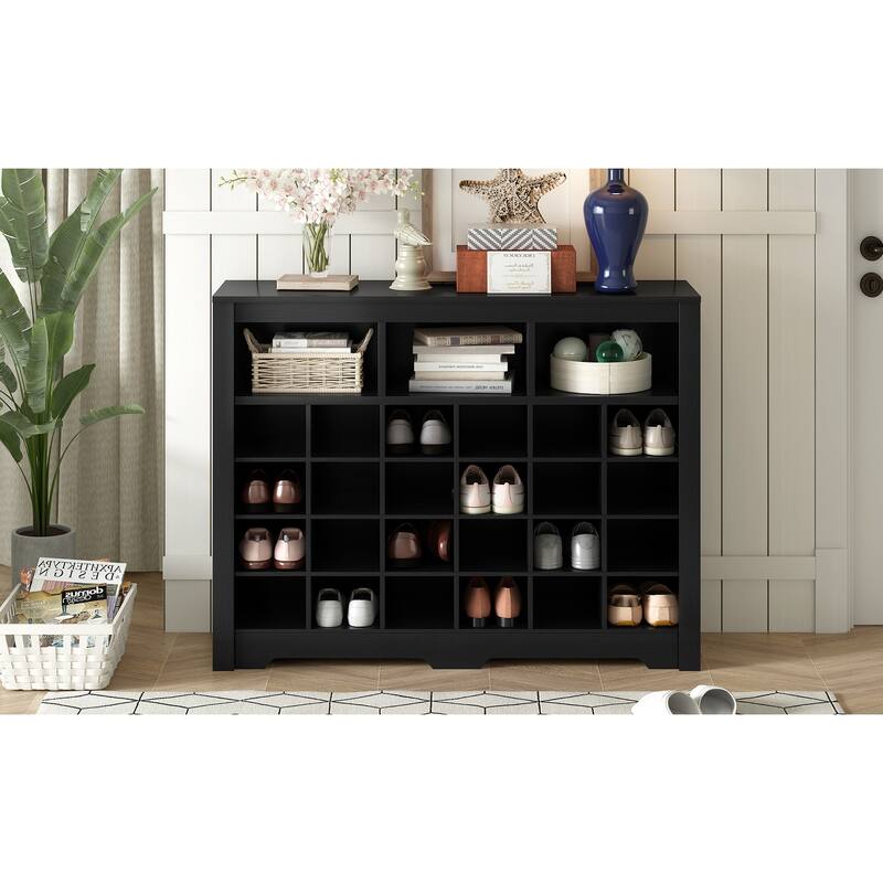 Shoe Cabinet Console, Square Lattice Shoe Storage Cabinet with Curved Base, 24 Pair Wood Shoe Rack for Entryway