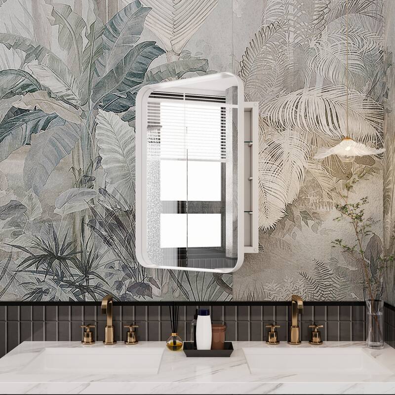 16" x 24" Black/ White Rectangular Metal Framed Medicine Cabinet with Mirror and Adjustable Shelves