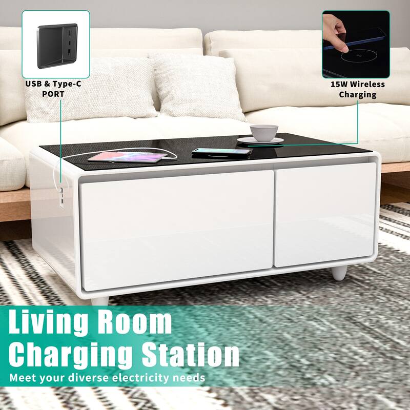 Smart Coffee Table with Built-in Fridge,Bluetooth Speaker,Wireless Charging,Touch Control Panel,USB Interface,Outlet Protection