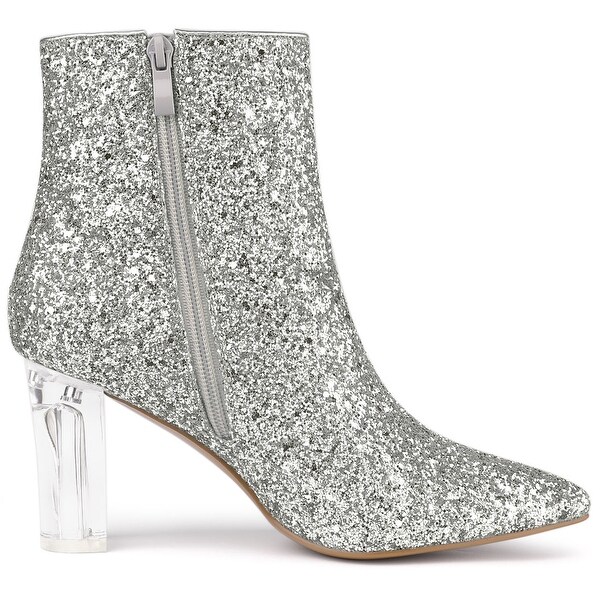 Clear Block Heel Glitter Ankle Boots 