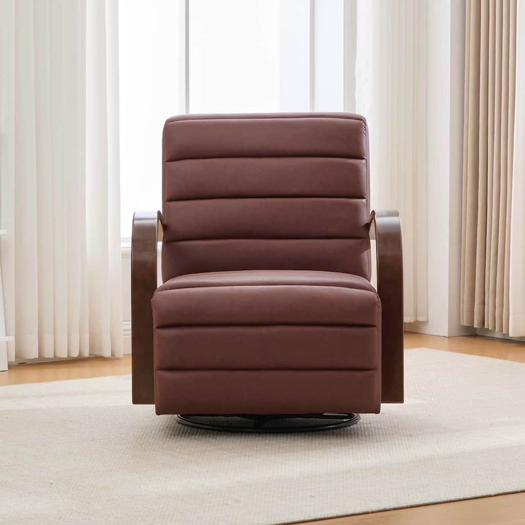 Modern Upholstered 360° Swivel Accent Chair with Solid Wood Armrests and Comfy Lounge Reading Chair, Single Sofa Armchair