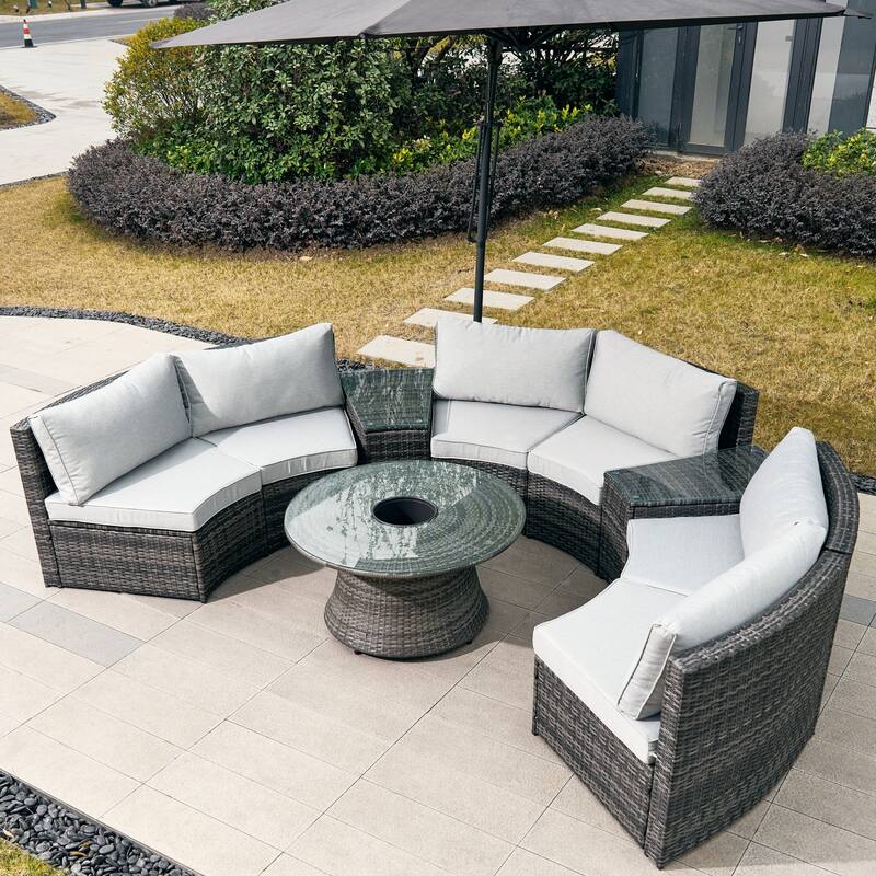 9-Piece Modular Patio Iron PE Rattan Sofa Set with Round Coffee Table
