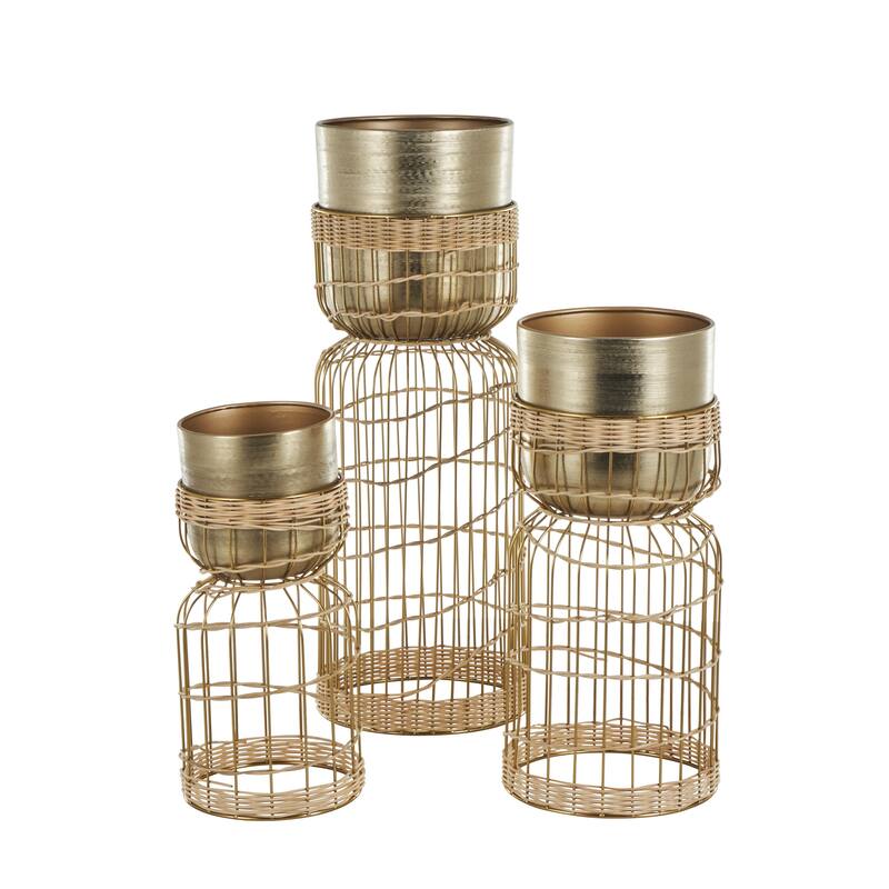 Metal Textured Dome Indoor Planter with Woven Seagrass or Rattan and Cage Rod Base - Set of 3 Gold or Silver - Roche River Decor