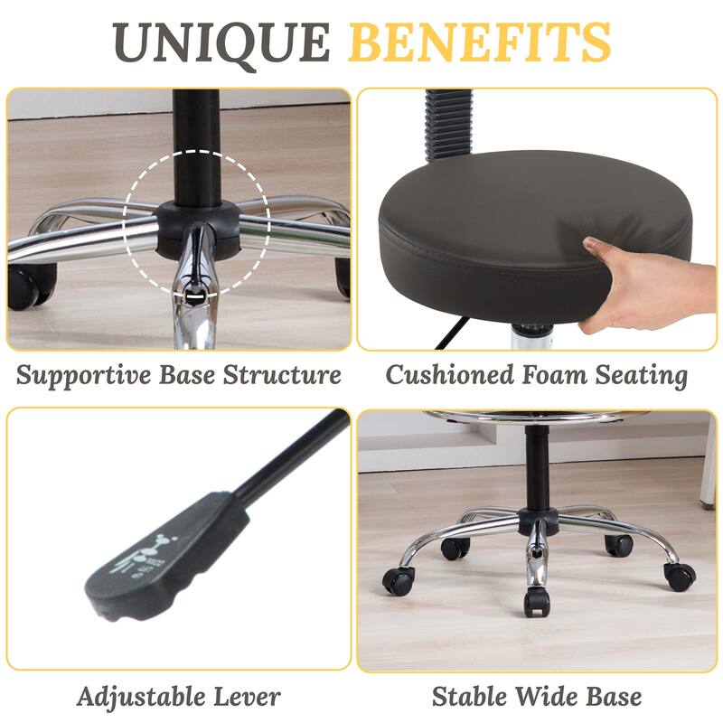 Height Adjustable Drafting Stool - With Premium Leather, Rolling Wheels