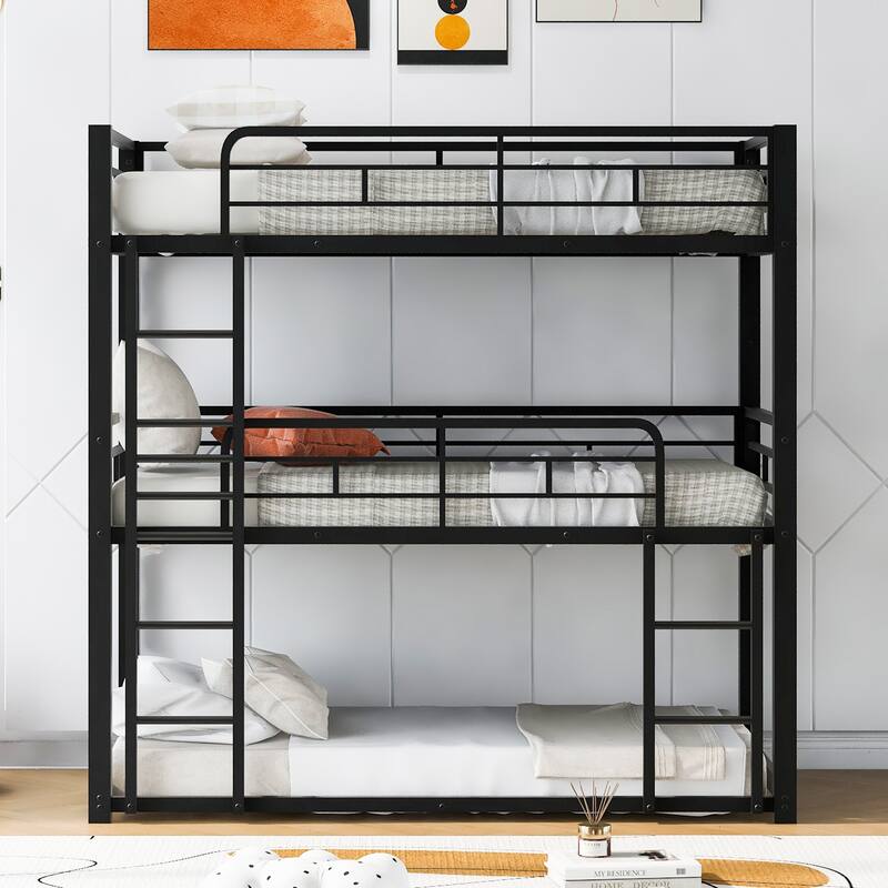Twin Triple Bunk Bed w/ Long & Short Ladder, Industrial Style Metal Bunkbeds w/ Safety Guardrails for Bedroom, Dorm, Guest Room