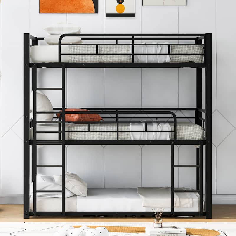 Twin Size Metal Triple Bunk Bed with ladder and Fence for Kids, Boys and Girls, Bedroom