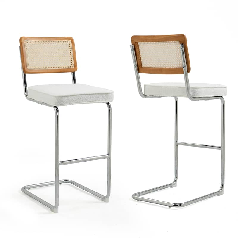 Set of 2 Ayo White Fabric Bar Stool with Rattan Backrest and Silver Steel Legs