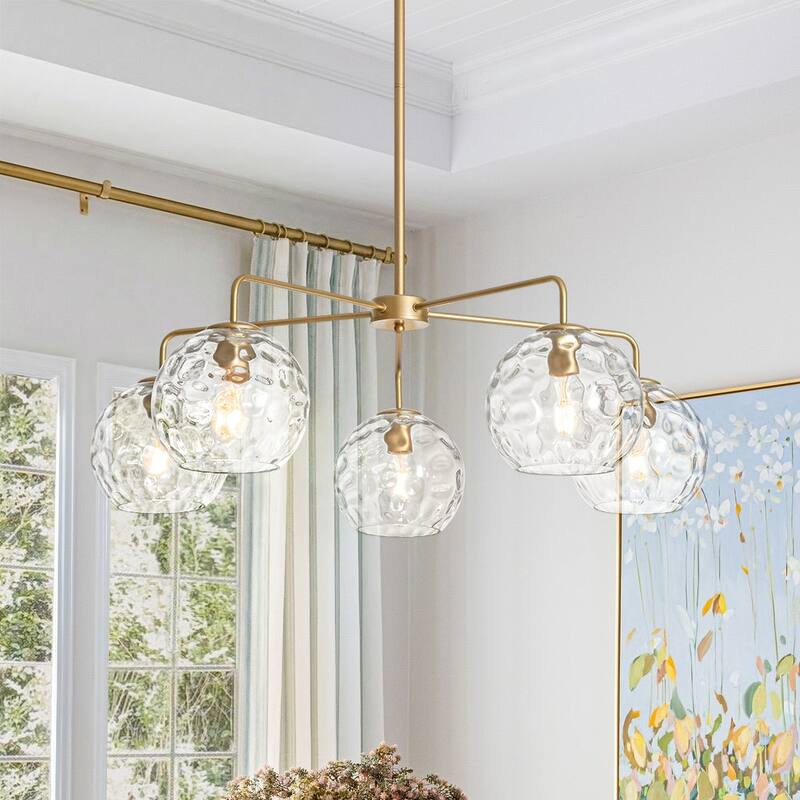 5-Light Blue Swirled Glass Globe Bubble Round Chandelier 35in - Hammered Glass