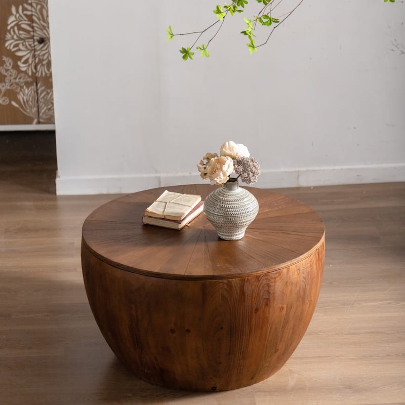 GDFStudio Cael Barrel Wood Coffee Table with Hollow Storage