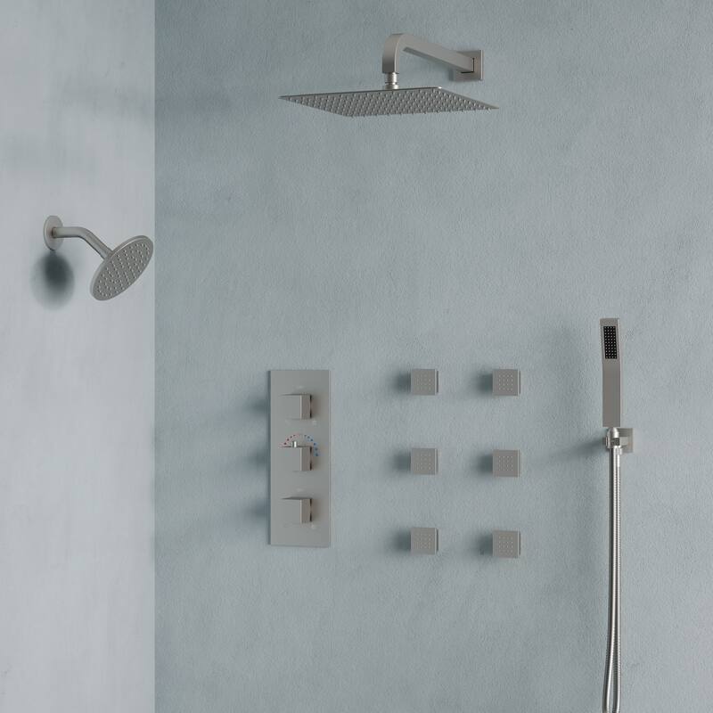 4-Functions Thermostatic Shower System, Wall Mount Shower Faucet Set 12" & 6" Dual Shower Head with 6 Body Jets