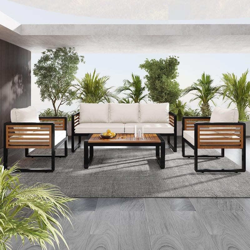 5-Person Outdoor Conversation Set with Removable Cushions and Stylish Metal Frame and Acacia Wood - Black/Beige