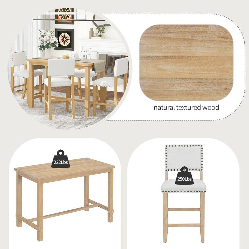 5 Piece Dining Table Set, Counter Height Kitchen Table Set with 4 Curved Backrests Upholstered Chairs with Brass Nailhead Trim