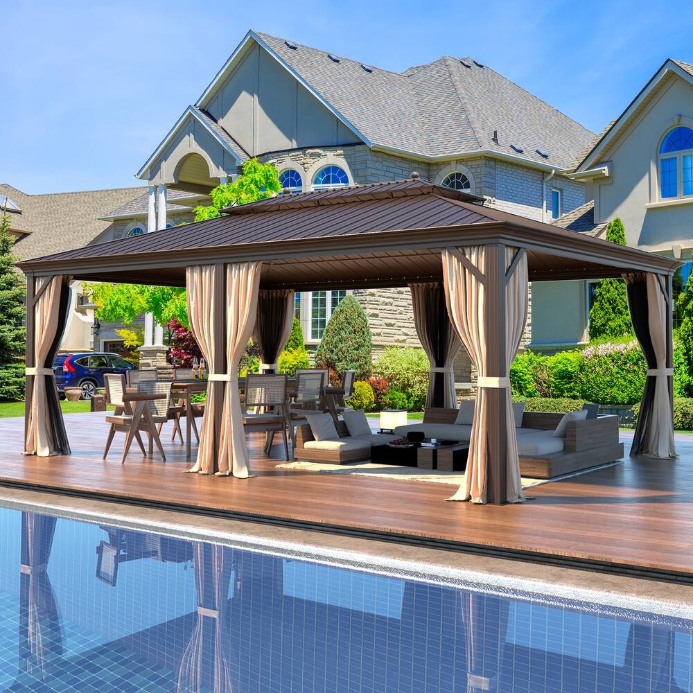 PRO Steel Hardtop Gazebo, Patio Aluminum Frame, Waterproof & Windproof Patio Gazebo with Curtains & Netting