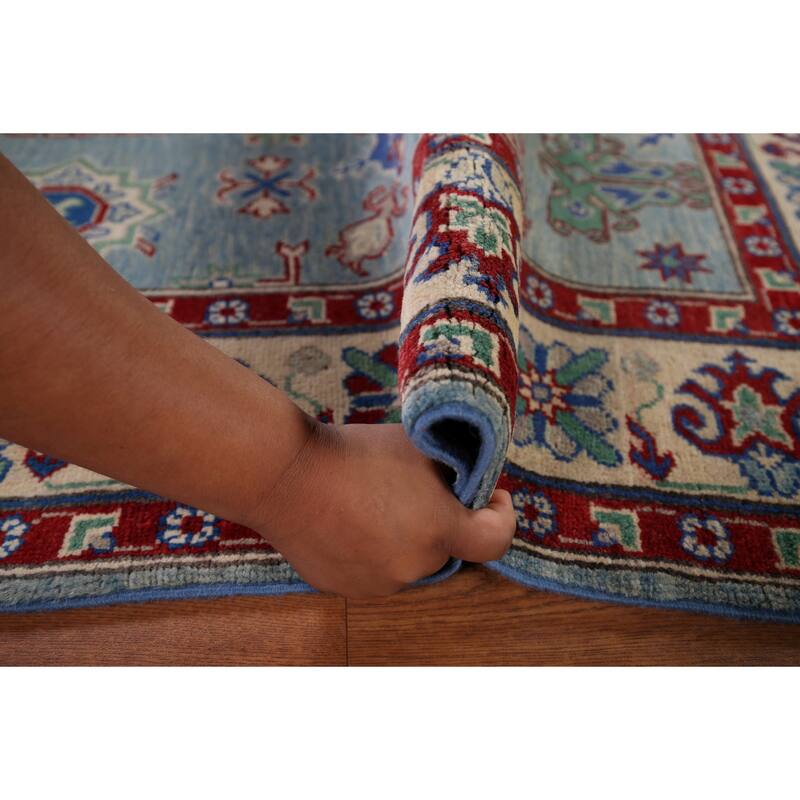 Blue Geometric Kazak Oriental Area Rug Hand-Knotted Wool Carpet - 5'0" x 6'6"