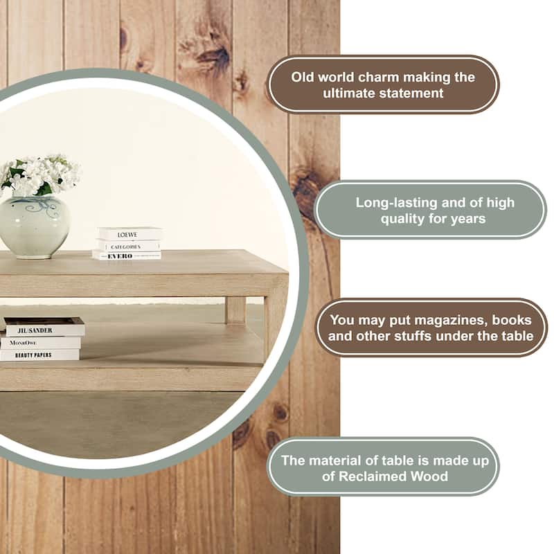 Artissance Versatile Peking Grand Framed Square Coffee Table With Weathered White Wash, 50 Inch Long