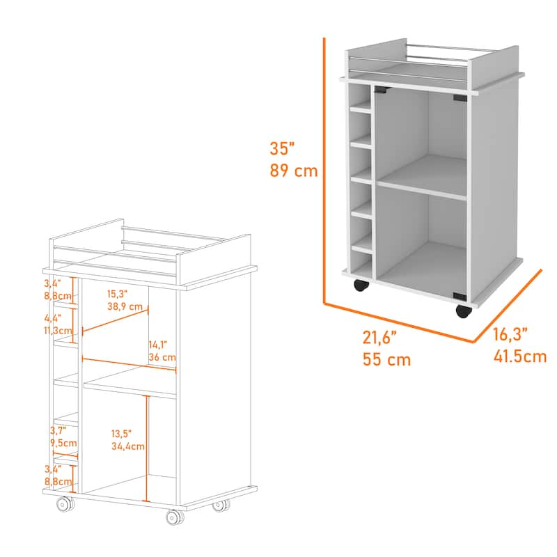 White 6-Bottle Bar Cart, 3 Shelves, Glass Door Cabinet, Wine Storage, Metal Rails, and Display Shelves