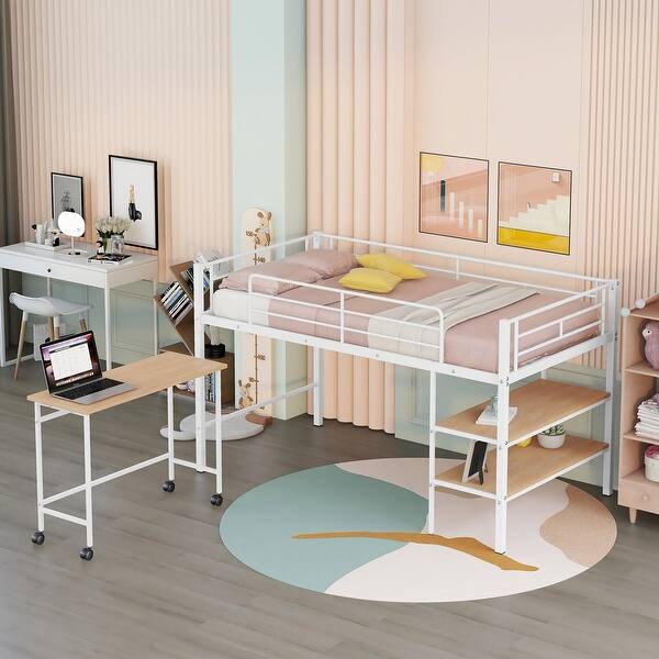 slide 2 of 18, Modern Twin Size Metal Loft Bed w/ Desk & Shelves Platform Bed Frame for Kids, Teens No Box Spring Needed, Easy Assembly White