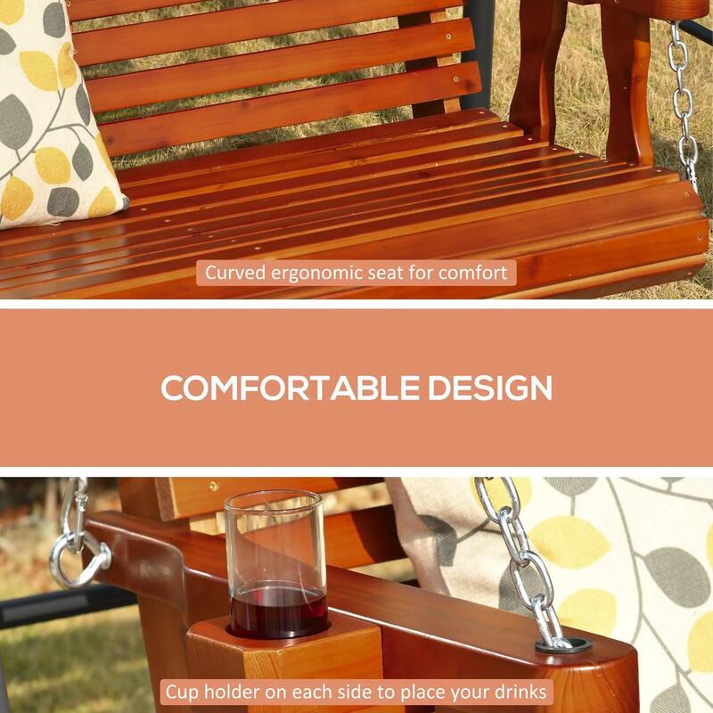 Heavy-Duty 2-Seat Wooden Porch Swing,440lb Capacity,Cup Holders,Chains