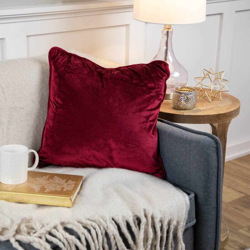 17" Solid Wine Red Velvet Plush Square Throw Pillow with Piped Edging