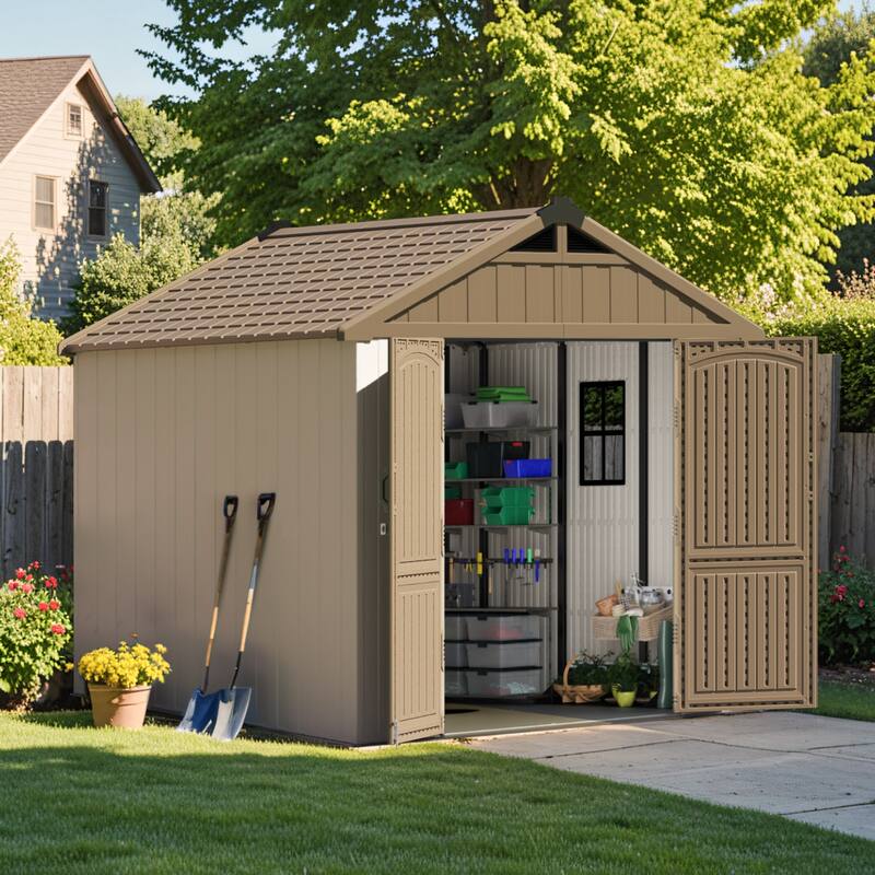 Patiowell 8' x 6' / 8' x 8' / 8' x 10 '/ 8' x 12' Plastic Outdoor Shed With Floor for Patio Furniture, Tools (Kick-It Shed)