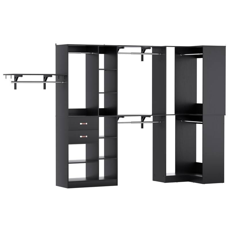 Rackcog 63’‘ - 127.5'' Closet System with Hanging Rods, Set of 2 Corner Closet Organizer with Drawers and Shelves