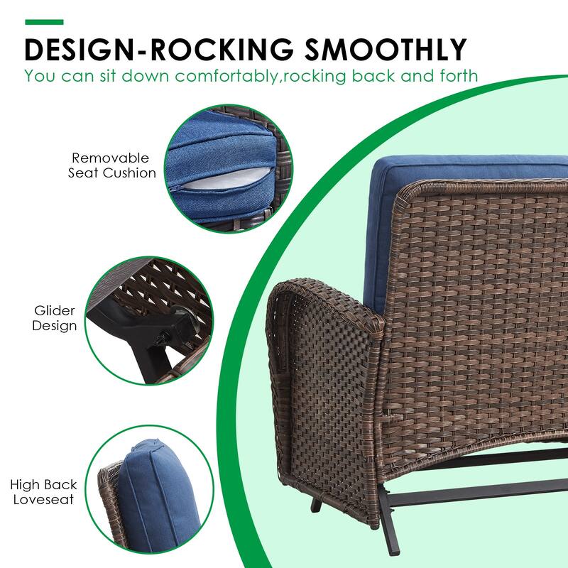 Patio Glider Sofa with Rocking Chair, Ottoman, Side Table