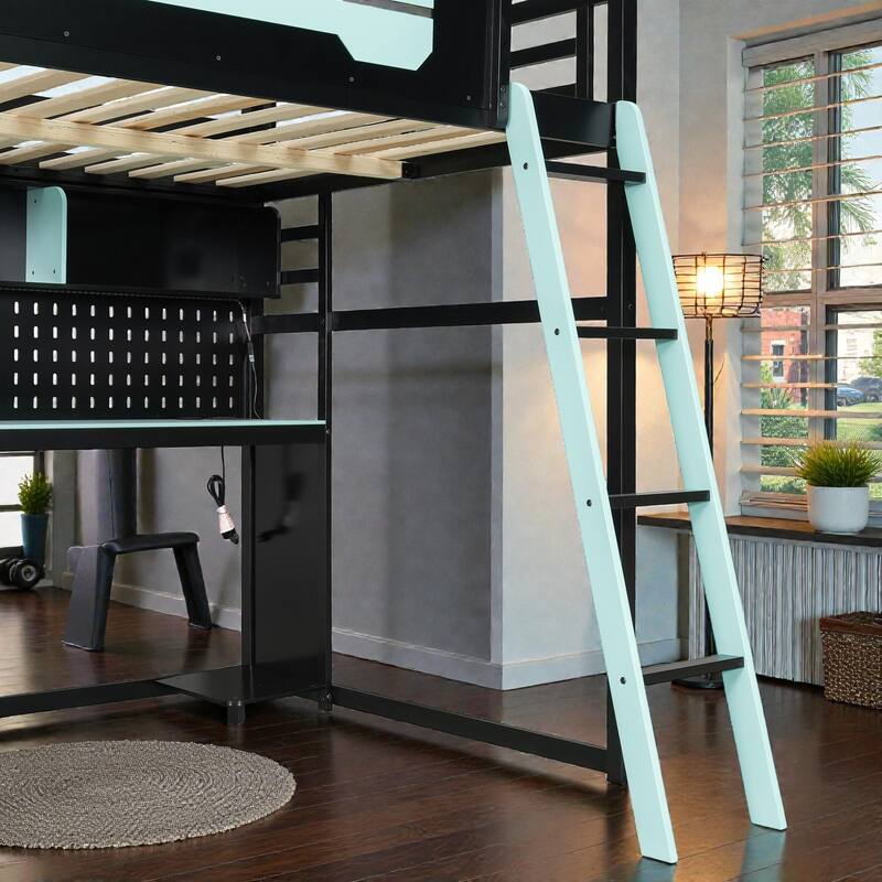 Full Size Wood Loft Bed with Desk, Shelves, LED Lights, USB Ports, Pegboard & Space-Saving Storage Design