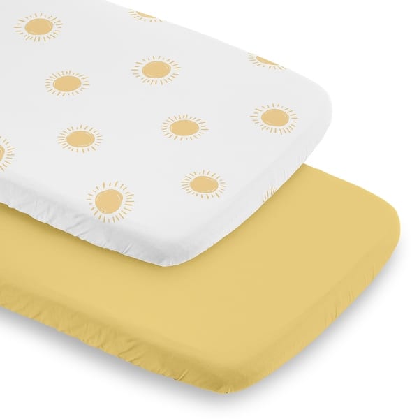 slide 2 of 6, Sweet Jojo Designs White and Yellow Boho Sun Boy, Girl, Unisex/Gender Neutral 2 Pack Baby Bassinet Fitted Sheets - Solid Mustard