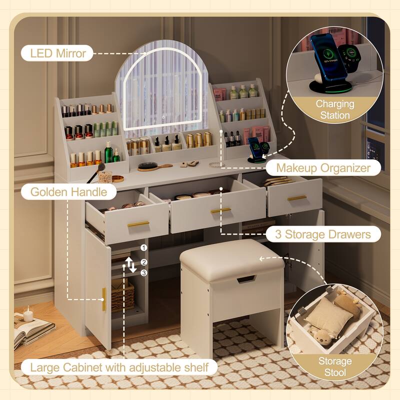 Vanity Desk with LED Lighted Mirror & Storage Stool, Makeup Vanity Set with 2 Organizers, 3 Drawers & 2 Cabinets