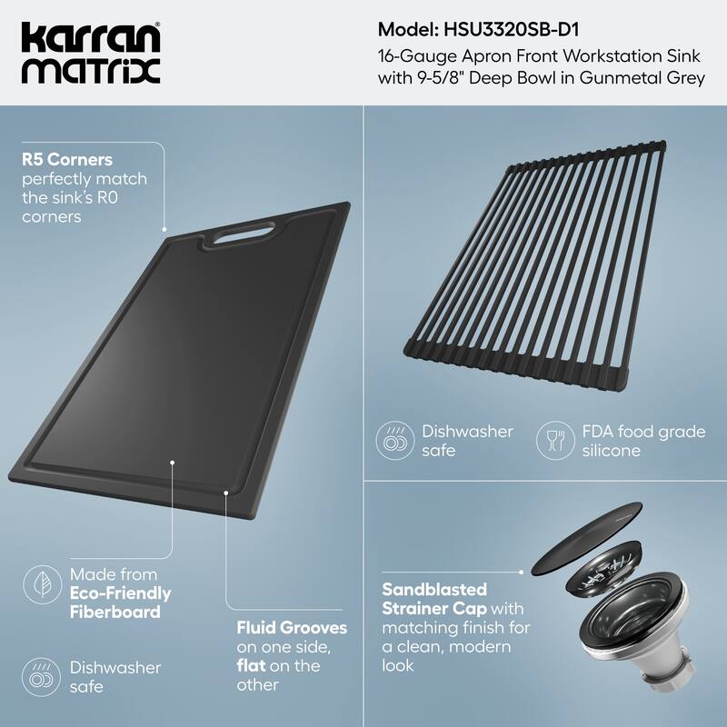 Karran Matrix 33" Apron Front Workstation 16 Gauge Single Bowl Stainless Steel Kitchen Sink with Accessories