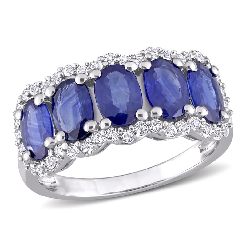 Miadora 3 2/5ct TGW Sapphire and White Topaz Halo 5-Stone Ring in Sterling Silver