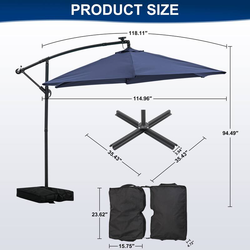 Ainfox 10 ft. Patio Offset Solar LED Umbrellas Cantilever Outside Umbrellas with Base