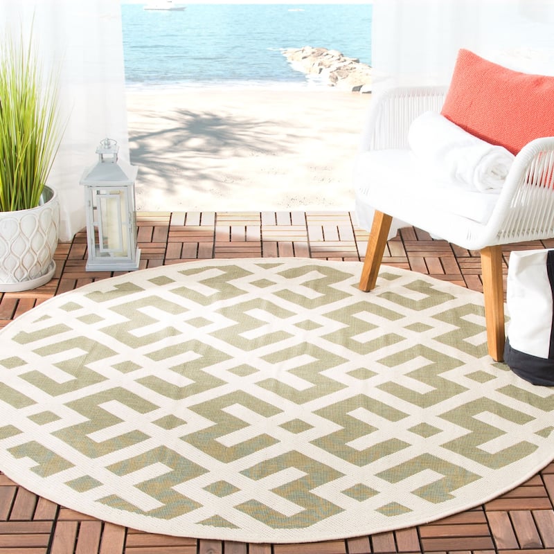SAFAVIEH Courtyard Sytske Indoor/ Outdoor Waterproof Patio Backyard Rug - 5'3" Round - Green/Bone